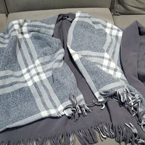 Gray and White Plaid Fringe Shawl